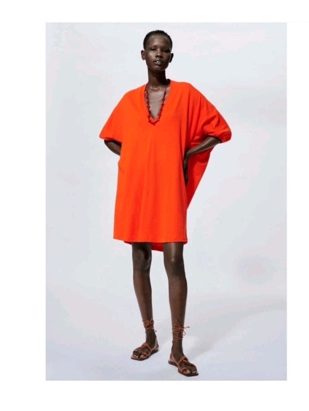 Zara Womens Vibrant Orange V-Neck Tunic Dress Size Large - Picture 7 of 7